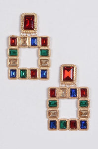 Gold square multi-colored stone accent post back earrings